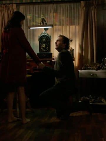 Monroe and Rosalee proposal. Monroe is down on one knee