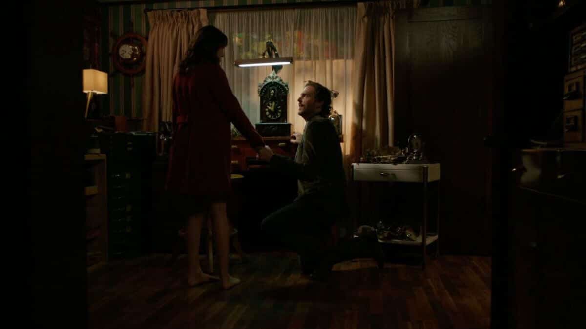 Monroe and Rosalee proposal. Monroe is down on one knee