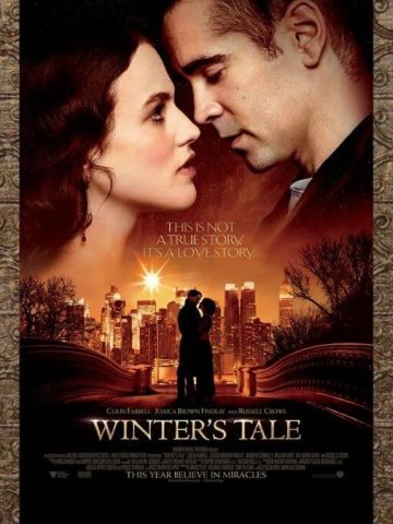 Featured image for Winter's Tale Review. The picture shows the movie poster with a gold pattern background.