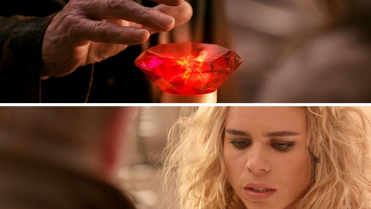 The War Doctor about to press the button. The Moment/Bad Wolf looks worried.