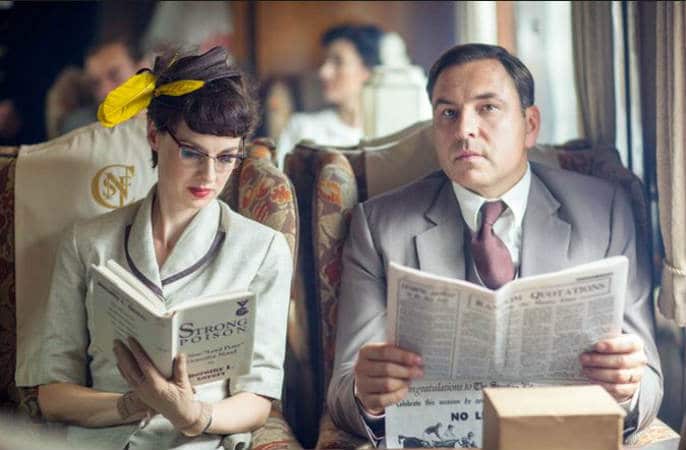 Jessica Raine and David Walliams as Tommy and Tuppence in Partners in Crime. Photo credit: BBC1.