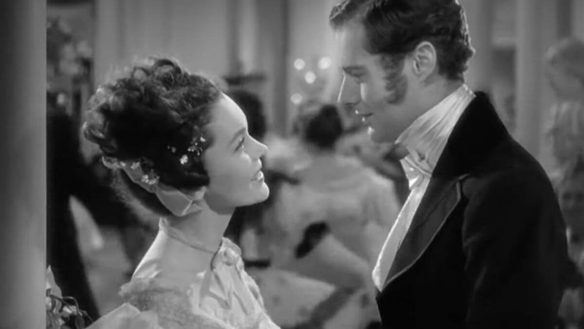 Jane and Mr. Bingley about to dance in the 1940 adaptation of Pride and Prejudice.