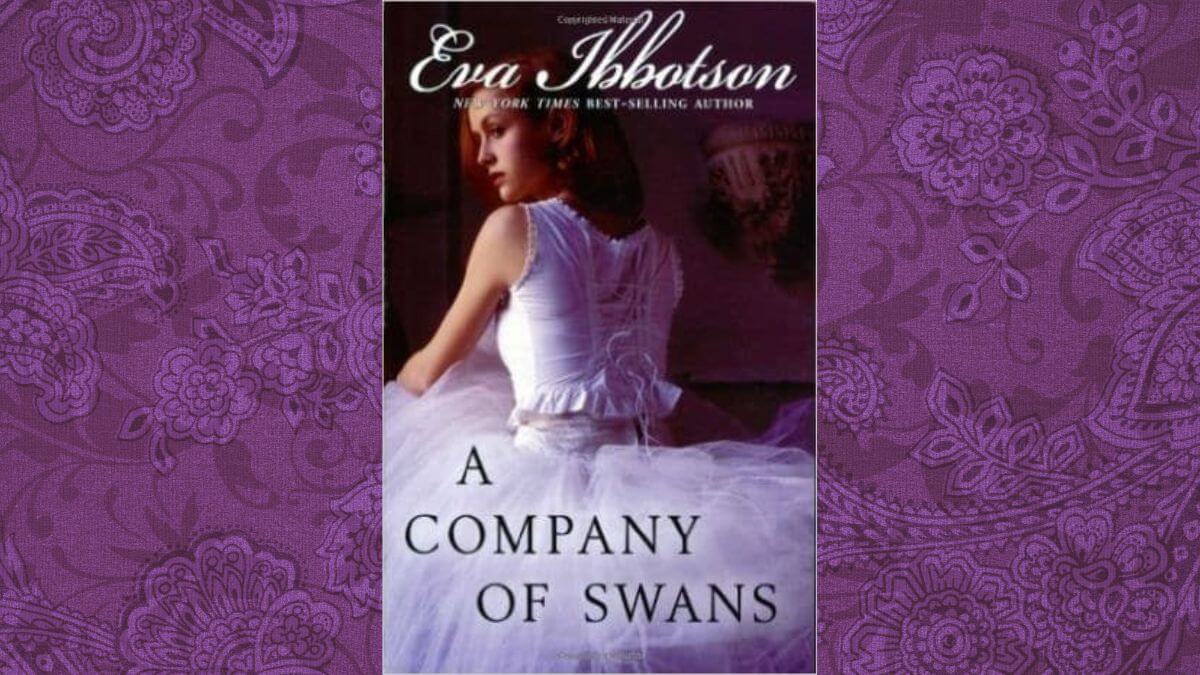 A company of swans book cover with a purple Victorian background. The book cover shows a girl wearing a ballerina outfit.