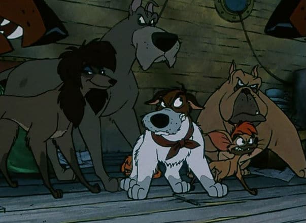 The Gang Defends Oliver from Roscoe and Desoto Photo: Disney