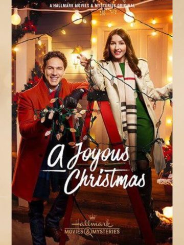 A Joyous Christmas Hallmark review image showing a promotional TV poster and a gold Christmas background