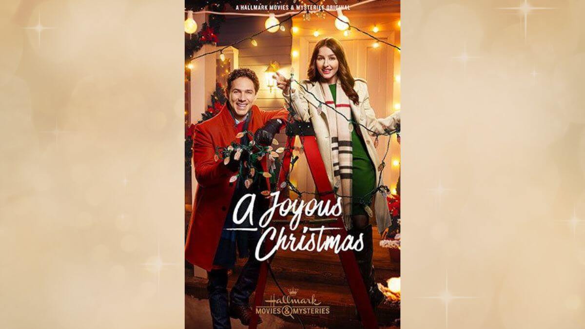 A Joyous Christmas Hallmark review image showing a promotional TV poster and a gold Christmas background