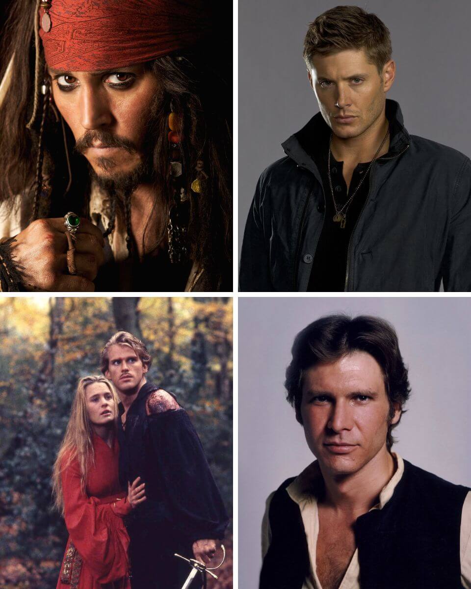 lovable rogues collage of Jack Sparrow, Dean Winchester, The Princess Bride movie, and Han Solo