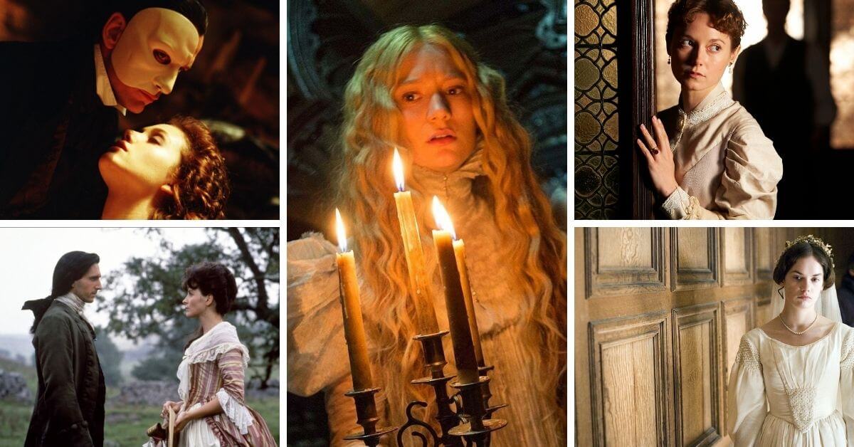 gothic romance movies featured image. It is a collage of gothic period dramas including Crimson Peak in the center.