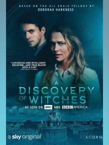 A Discovery of Witches season 1 review featured image showing a Sky promotional poster and a blue gradient background.