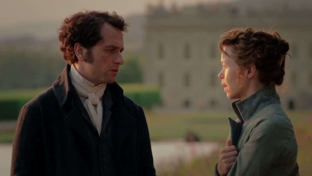 Darcy and Elizabeth walking outside in Death Comes to Pemberley