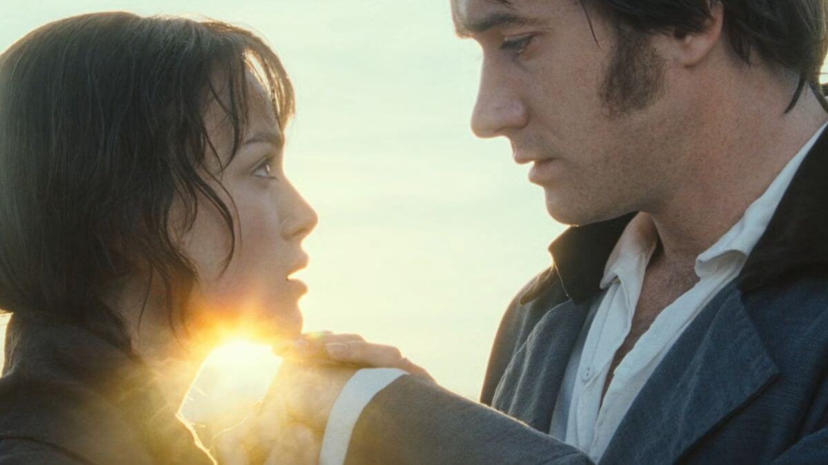 Pride and Prejudice 2005 screenshot of Elizabeth and Darcy at sunset