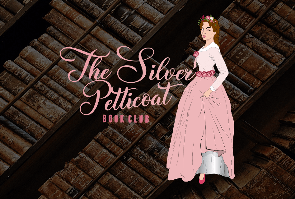 the silver petticoat book club logo with background of books