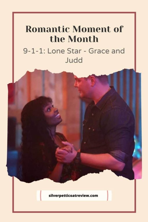 Romantic Moment of the Month: Grace and Judd; pinterest image showing text and a picture of the two characters dancing