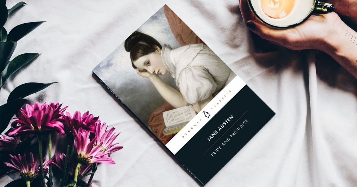 Pride and Prejudice book cover with flowers and a person's arm holding a coffee mug