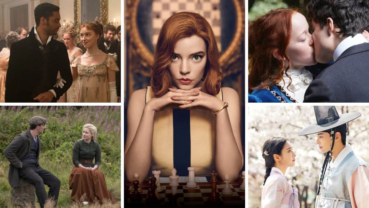 best period dramas on netflix 2022 featured image collage with The Queen's Gambit as the center photo.