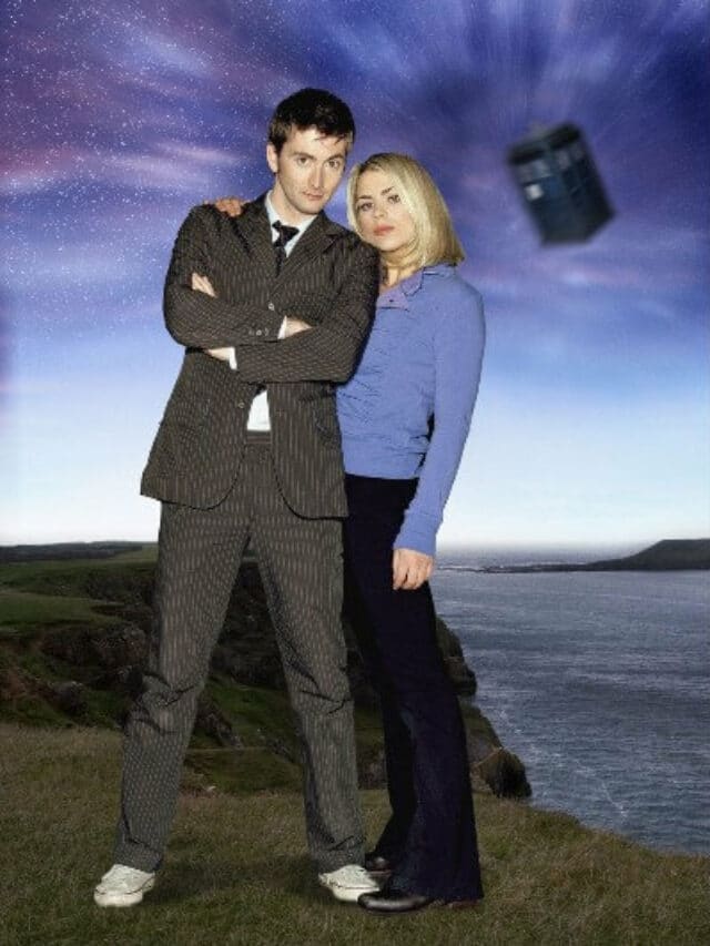 Doctor Who the Doctor and Rose promo photo with Tardis in the background