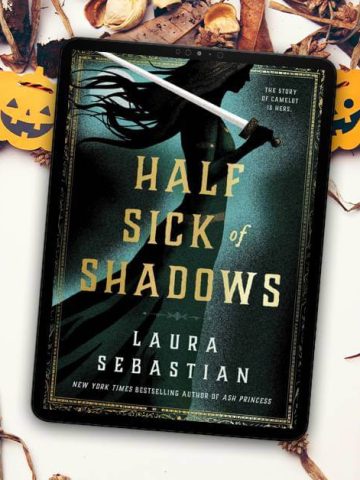 Half Sick of Shadows Featured Image with Halloween pictures in the background and book cover in the center