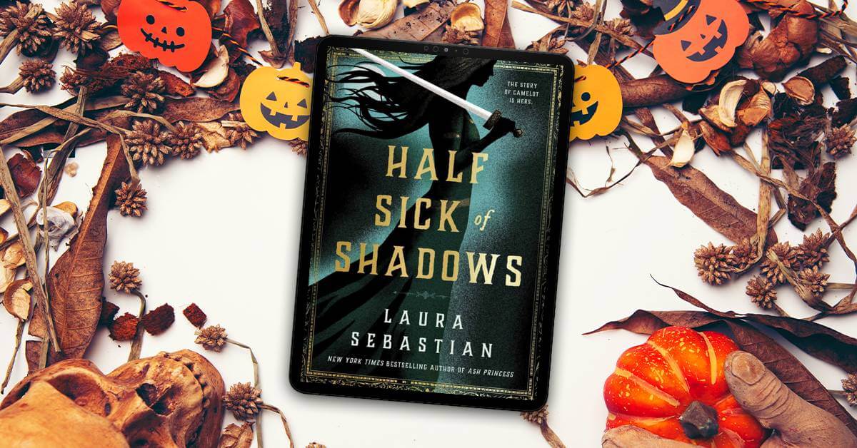 Half Sick of Shadows Featured Image with Halloween pictures in the background and book cover in the center