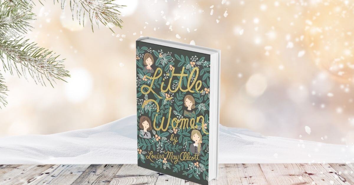 Little Women Discussion Questions - Featured image with a wintery background and book cover in the center