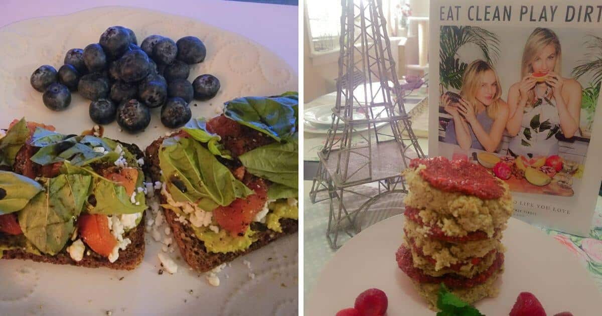 Breakfast collage of avocado toast and homemade pancakes made from the recipe from the Sakara cookbook.