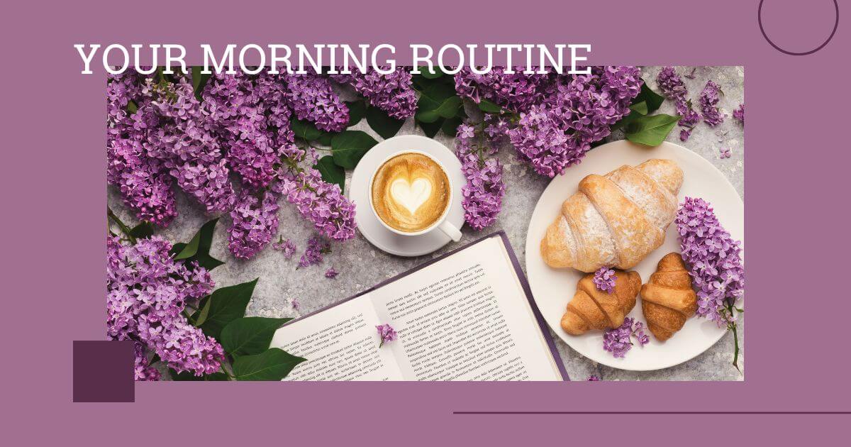 Your Morning Routine photo showing lilacs and breakfast and a drink and a book.