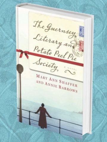 The Guernsey Literary and Potato Peel Pie Society book club pick; The image has the book cover and a blue Victorian background.