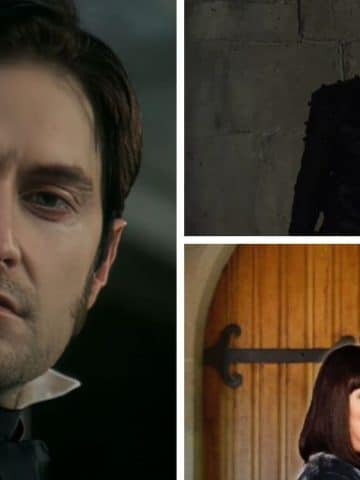 Romantic Richard Armitage Movies and TV Shows collage. A photo collage showcasing Richard Armitage in three roles. On the left is an intense portrait in period dress (North & South). On the right are panels showing him in leather armor (Robin Hood) and smiling with Dawn French (The Vicar of Dibley).
