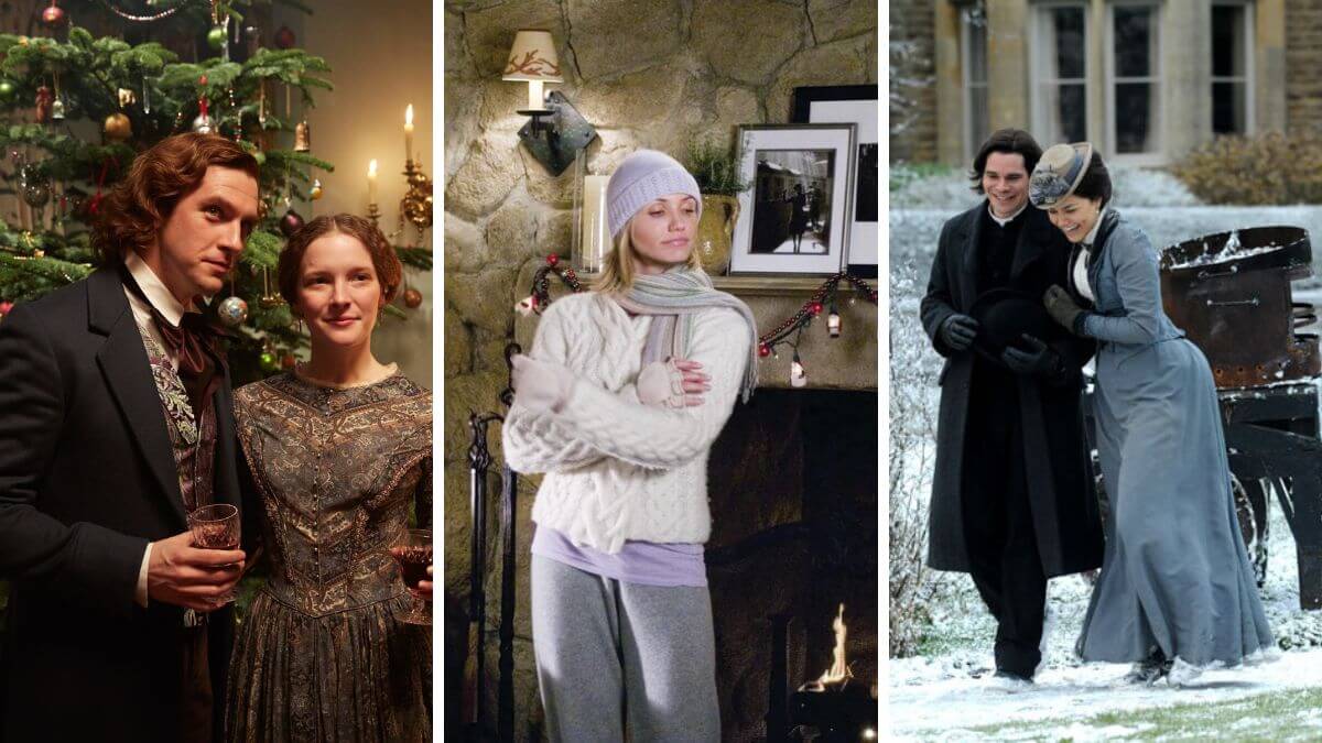 British christmas movies featured image with pictures of The Man Who Invented Christmas, The Holiday, and The Christmas Candle.