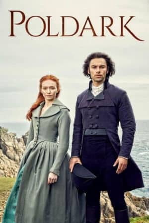 Poldark poster with Demelza and Ross in a scenic coastal scene.