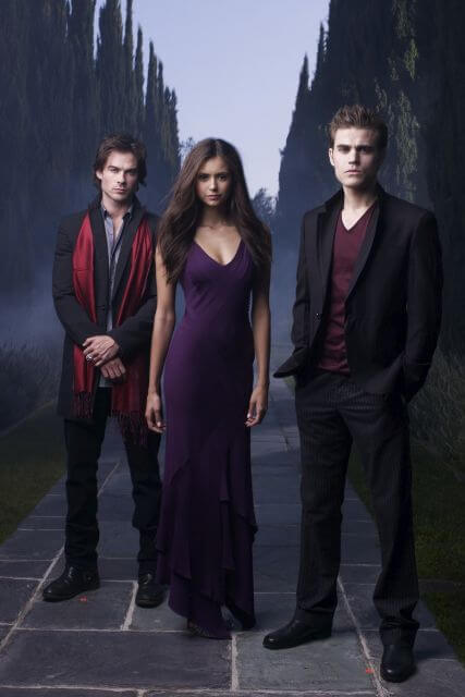 Damon, Elena, and Stefan in The Vampire Diaries promo shot. 