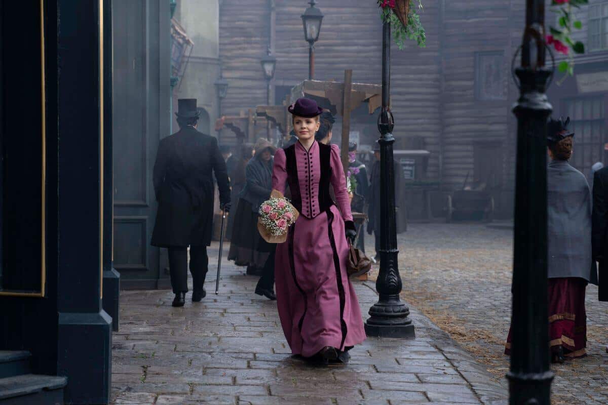 Eliza Scarlet in pastel fuschia dress in Miss Scarlet and the Duke Season 4