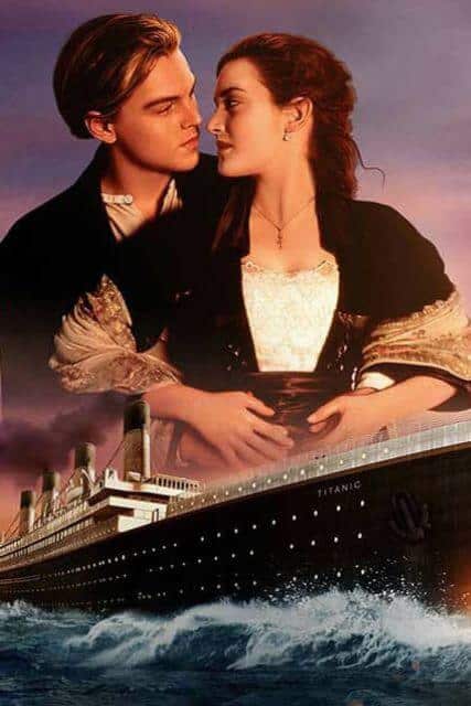 leonardo dicaprio romance movies article photo using a promo image of Leo and Kate in Titanic.