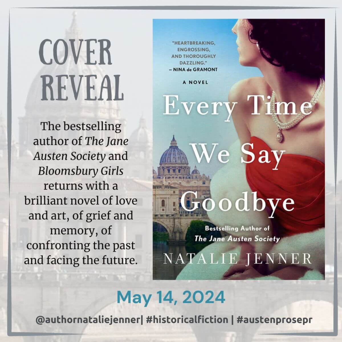 Every Time We Say Goodbye Cover Reveal Graphic with release date of May 14, 2024. The book cover has a woman wearing a glamorous 1950s dress.