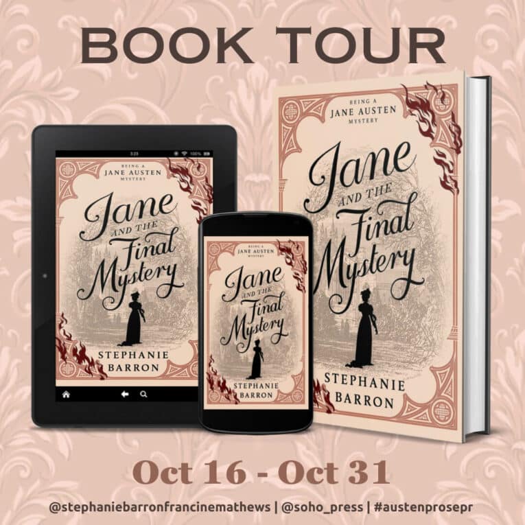 Book Tour Graphic for Jane and the Final Mystery showing the book cover in different sizes