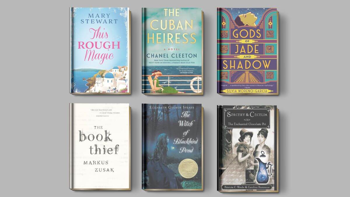 Featured image of the New Fall 2023 Selections for The Silver Petticoat Book Club. The image shows six book covers for This Rough Magic, The Book Thief, The Cuban Heiress, The Witch of Blackbird Pond, Gods of Jade and Shadow and Sorcery and Cecelia.