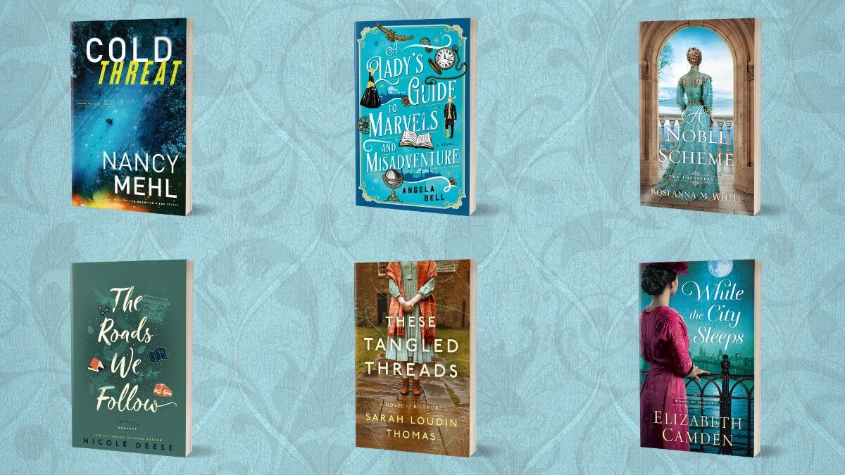 new romance novels bethany house featured image with blue-green Victorian background and a collage of book covers