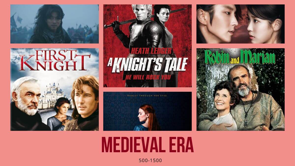 The Medieval Period (500-1500) Period Drama Reviews; Shows a collage of period dramas with a pink background