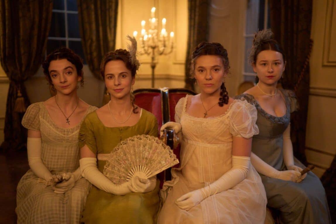 Jane Austen (Patsy Ferran), Eliza Fowle (Madeleine Walker), Cassy Austen (Synn&oslash;ve Karlsen), and Young Mary (Liv Hill) in Miss Austen period drama.