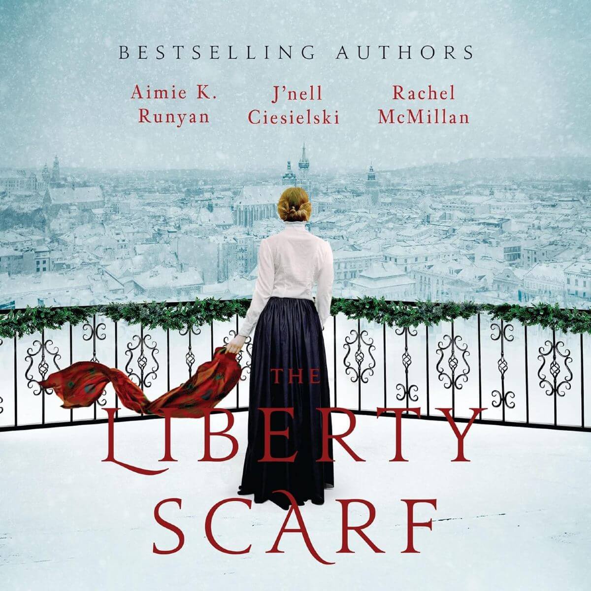 The Liberty Scarf audiobook cover showing a historical woman with a red scarf