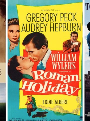 Like the Movies romantic films collage of Pride and Prejudice, Roman Holiday, and Sleepless in Seattle