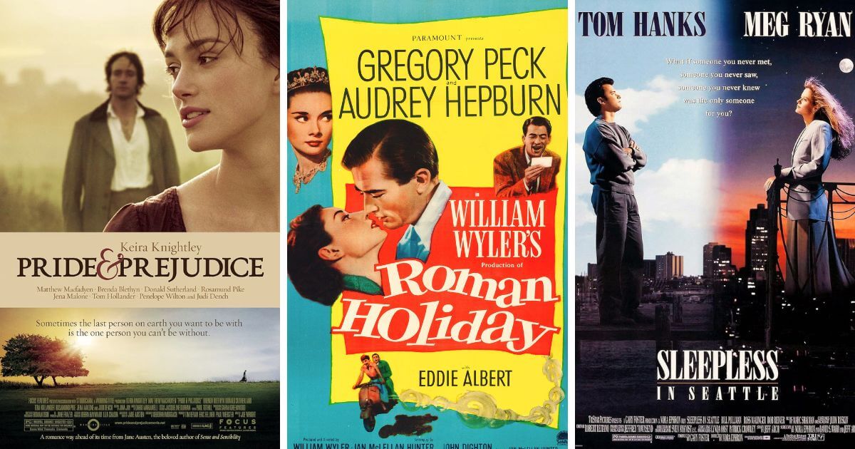 Like the Movies romantic films collage of Pride and Prejudice, Roman Holiday, and Sleepless in Seattle