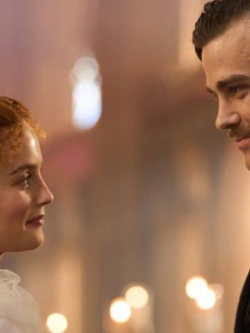 The Forsytes on PBS Masterpiece 2026. Debbie Horsfield interview about the period drama. The photo shows Irene and Soames at their wedding.