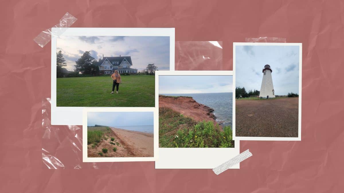 Collage of a trip to Prince Edward Island showing red roads, dramatic cliffs, the Seacow Head Lighthouse, and Dalvay by the Sea.