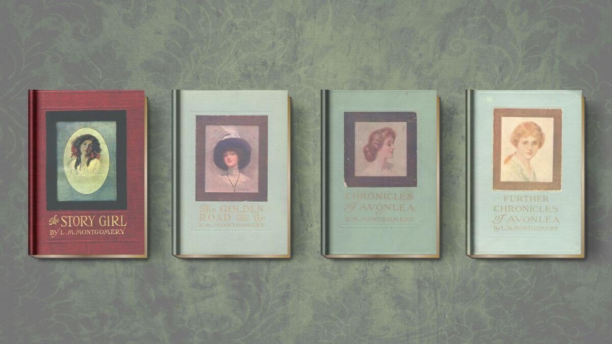The Story Girl L.M. Montgomery book covers with a green Victorian background.