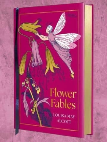 Flower Fables by Louisa May Alcott Book Cover with raspberry colored vintage background. The book cover use pinkish colors and has fairies on it.