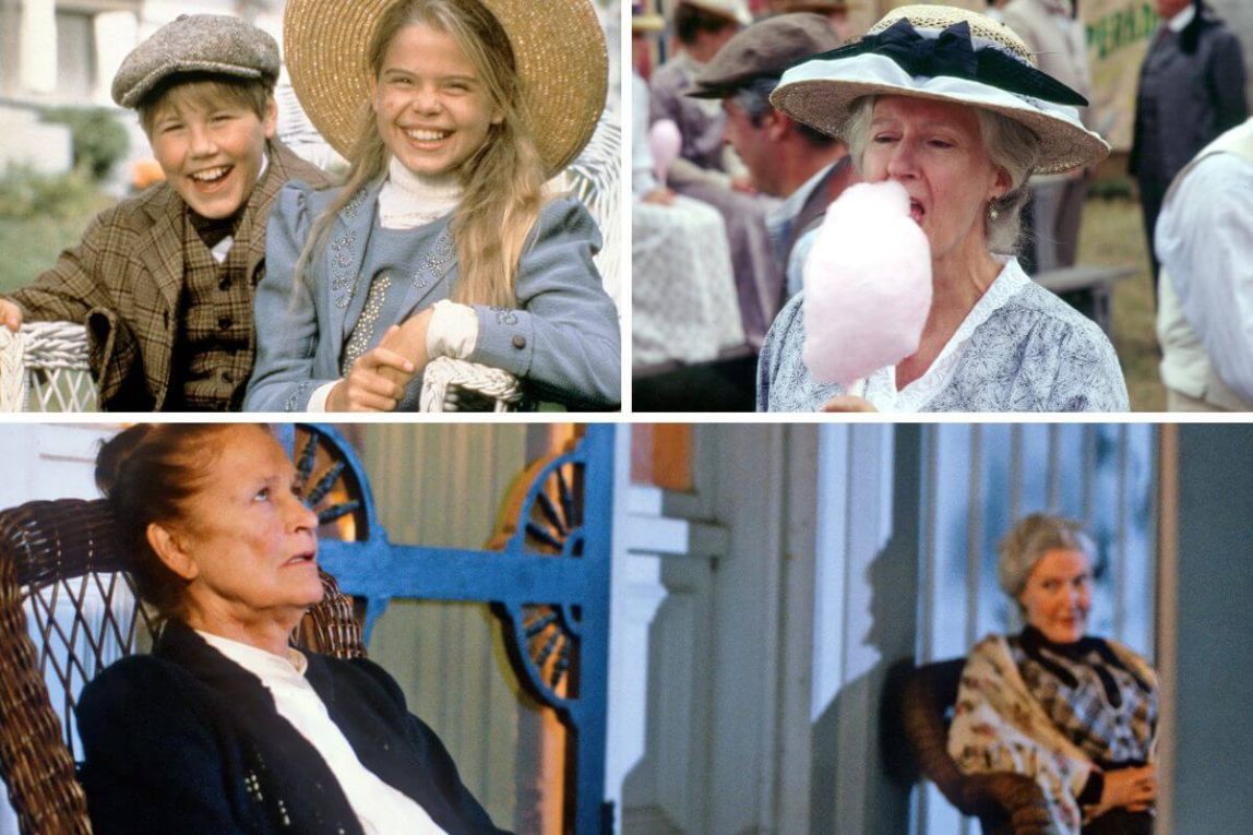 Davey and Dora Keith smiling, Rachel Lynde eating cotton candy, Marilla Cuthbert and Rachel on the porch in Road to Avonlea.