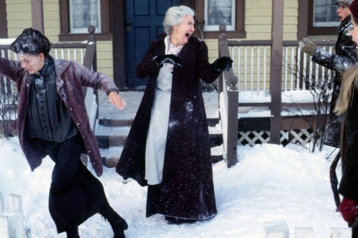Rachel Lynde and Hetty King in a snow fight.